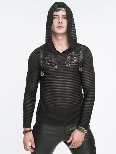 Devil Fashion Black Gothic Striped Long Sleeve Daily Wear Hooded T-Shirt for Men