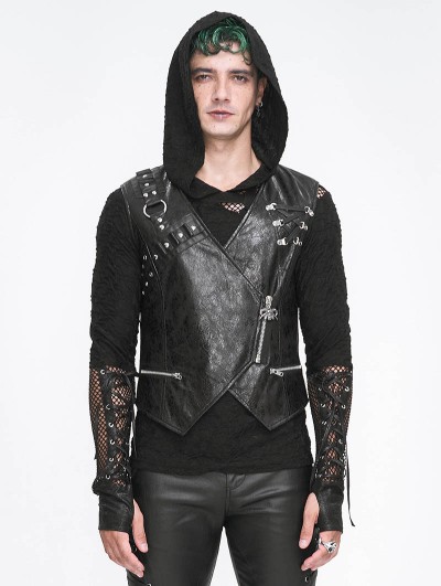 Devil Fashion Black Gothic Punk Asymmetric Zipper Slim Fit  Waistcoat for Men