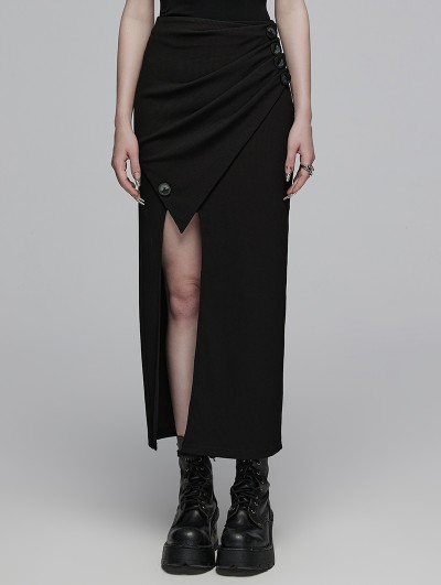 Punk Rave Black Gothic Knitted Diagonal Pleated Split Long Fitted Skirt