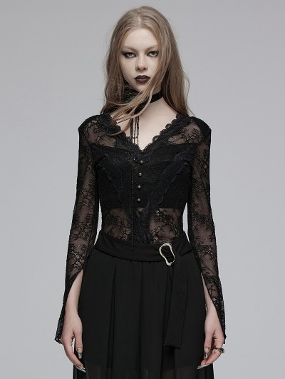 Punk Rave Black Romantic Gothic Lace Sexy Long Sleeve V-Neck Shirt for Women