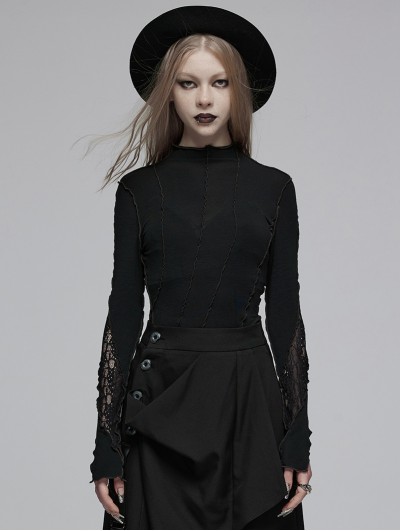 Punk Rave Black Gothic Lace Knitted Long Sleeve Fit T-Shirt for Women