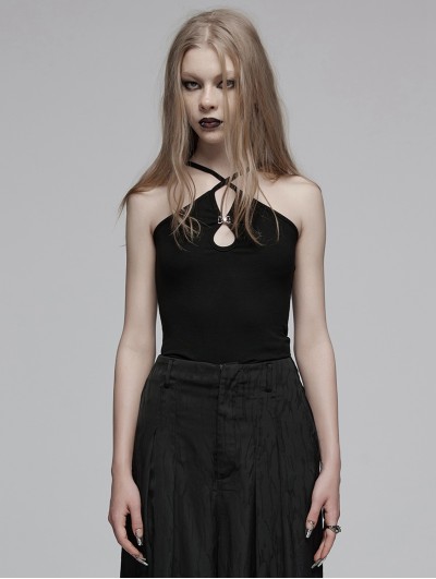 Punk Rave Black Gothic Chinese Style Water-Drop Hollow Out Camisole for Women