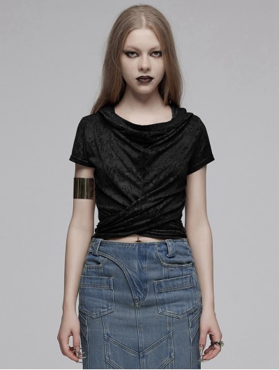 Punk Rave Black Gothic Swing Collar Hooded Short Sleeves T-Shirt for Women