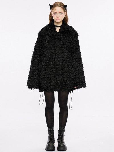 Punk Rave Black Gothic Zipper Placket Daily Wear Loose Mid Length Coat for Women