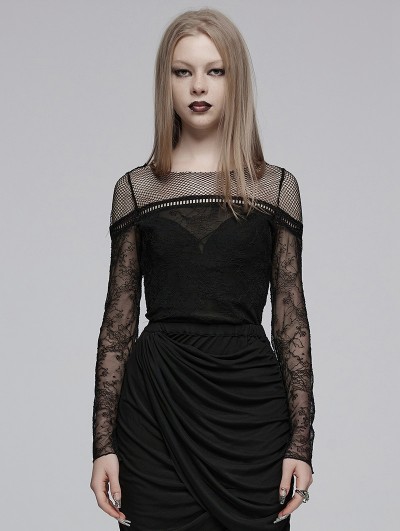 Punk Rave Black Gothic Lace Mesh Slim Fitted T-Shirt for Women