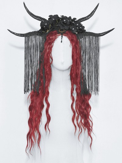 Dark in Love Black Gothic Queen's Floral Tassel Horn Headdress