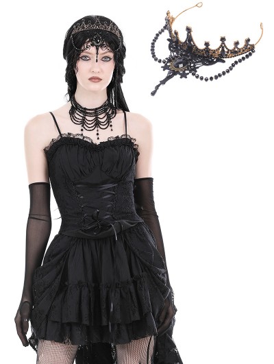Dark in Love Black Vintage Gothic Princess Beaded Crown Headdress