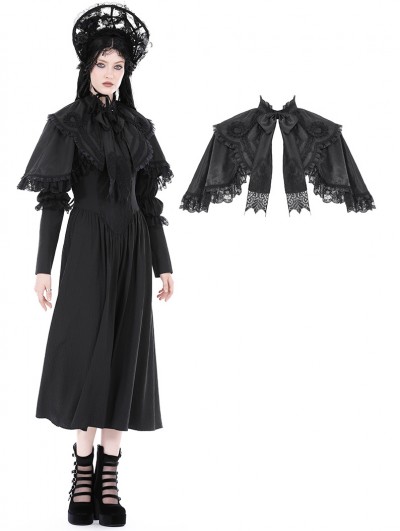 Dark in Love Black Gothic Court Bow Lace Trim Cape for Women