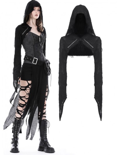 Dark in Love Black Gothic Punk Devil Shredded Hooded Cape for Women
