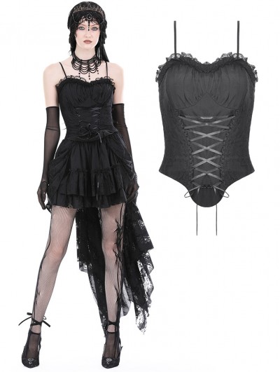 Dark in Love Black Gothic Ruffle Lace Up Strap Overbust Corset Top for Women