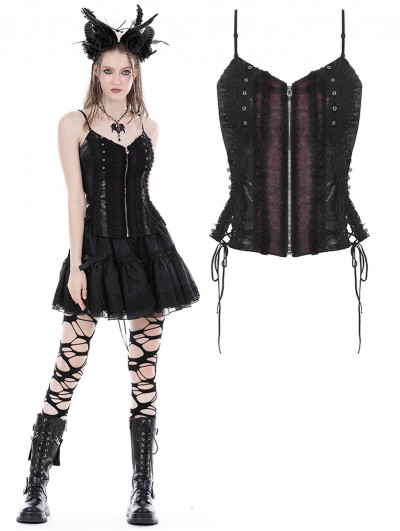 Dark in Love Black and Purple Gothic Lace Spaghetti Straps Corset Top for Women