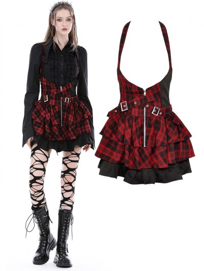 Dark in Love Black and Red Plaid Gothic Grunge Frilly Suspender Skirt Dress