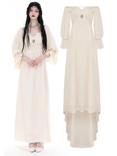 Dark in Love Ivory Vintage Gothic Steampunk Princess Long Puff Sleeve Floor Length Dress