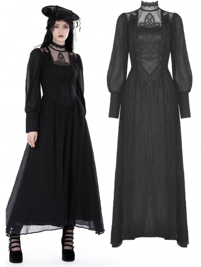 Dark in Love Black Vintage Gothic Long Sleeve Lace Appliqued Maxi Dress