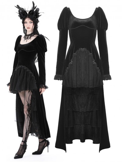 Dark in Love Black Gothic Velvet Ruffle Lace Hem High Low Party Dress