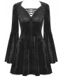 Dark in Love Black Gothic Rose Pattern Velvet Flared Sleeve Short Dress