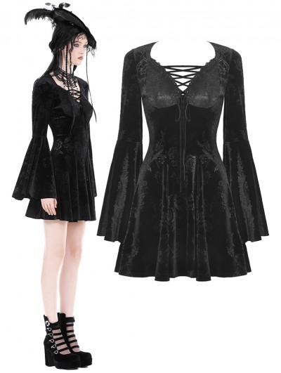 Dark in Love Black Gothic Rose Pattern Velvet Flared Sleeve Short Dress