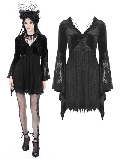 Dark in Love Black Gothic Sexy Velvet Lace Long Trumpet Sleeve Short Party Dress