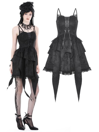 Dark in Love Black Gothic Lace Frilly Strap Short Irregular Party Dress