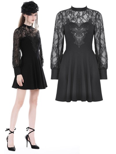 Dark in Love Black Gothic Floral Pattern Lace Long Sleeve Short Casual Dress