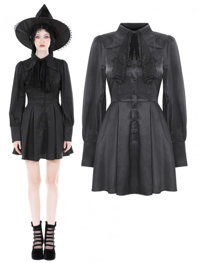 Dark in Love Black Gothic Lace Bow Tie Long Sleeve Short Casual Dress