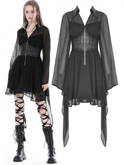 Dark in Love Black Gothic Elegant Fake Two Pieces Mesh Bell Sleeves Dress