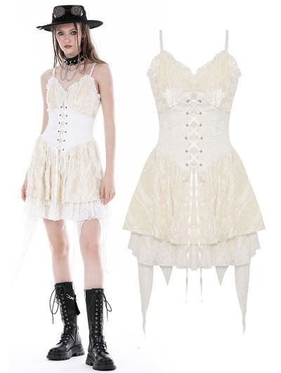 Dark in Love Ivory Gothic Steampunk Girl Frilly Lace Up Velvet Dress