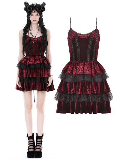 Dark in Love Blood Red and Black Velvet Lost Girl Gothic Frilly Short Dress