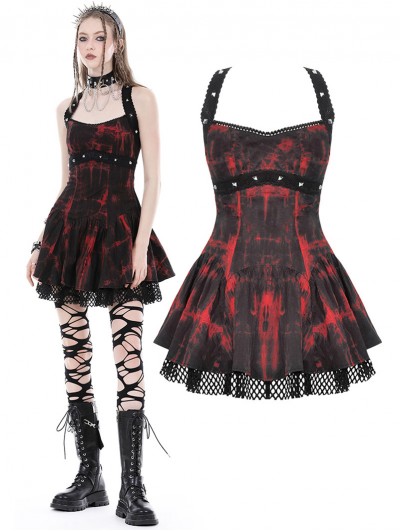 Dark in Love Black and Red Gothic Punk Rock Dye Cross Back Halter Short Dress