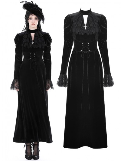 Dark in Love Black Vintage Gothic Elegant Long Sleeve Mermaid Velvet Maxi Dress