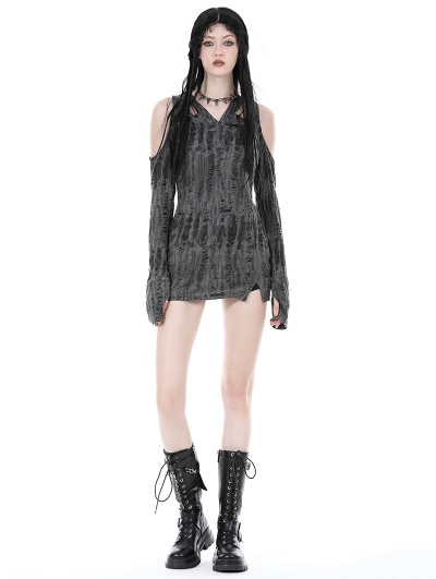 Dark in Love Grey Gothic Punk Ragged Sexy Shoulder Hooded Mini Dress -  DarkinCloset.com