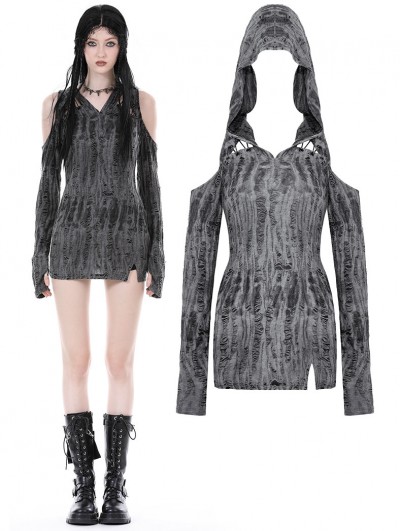 Dark in Love Grey Gothic Punk Ragged Sexy Shoulder Hooded Mini Dress