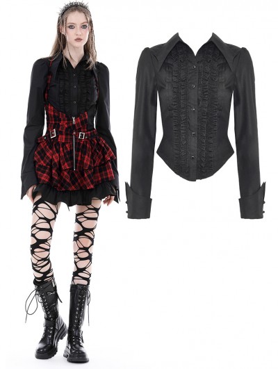 Dark in Love Black Gothic Ruffle Front Button Up Long Sleeve Blouse for Women