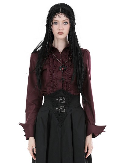 Dark in Love Wine Red Gothic Ruffle Front Button Up Long