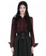 Dark in Love Wine Red Gothic Ruffle Front Button Up Long Sleeve Blouse for Women