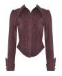Dark in Love Wine Red Gothic Ruffle Front Button Up Long Sleeve Blouse for Women