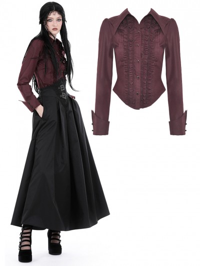 Dark in Love Wine Red Gothic Ruffle Front Button Up Long Sleeve Blouse for Women
