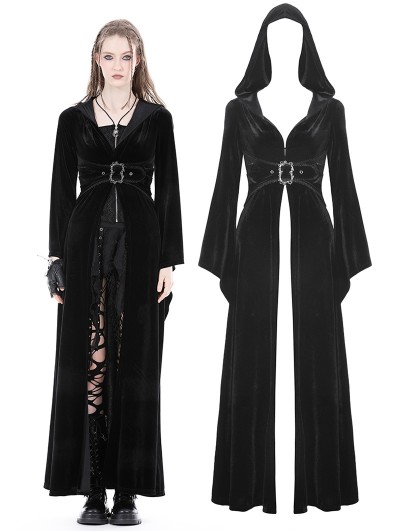 Dark in Love Black Gothic Vintage Velvet Long Hooded Coat for Women
