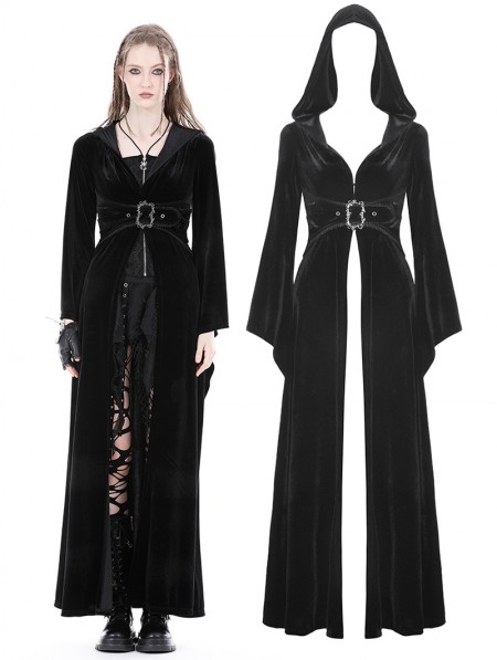 Dark in Love Black Gothic Vintage Velvet Long Hooded Coat for Women ...