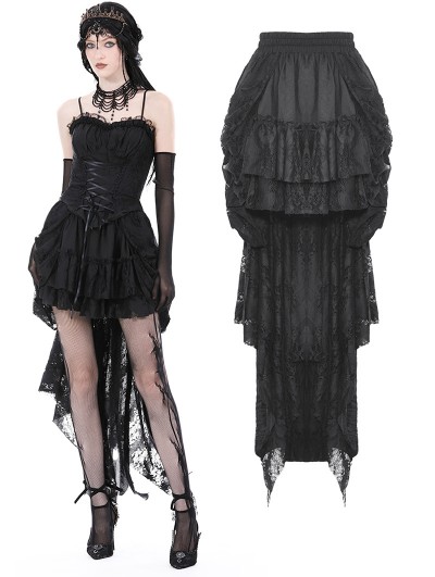 Dark in Love Black Gothic Retro Lace Frilly High Low Party Skirt