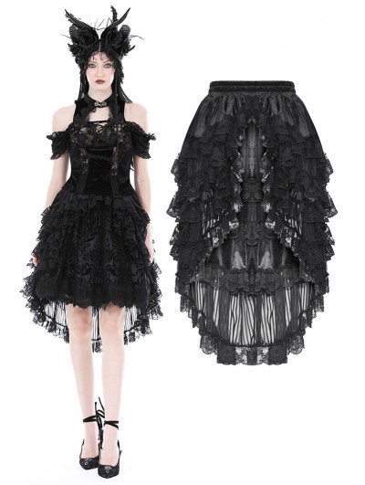 Dark in Love Black Gothic Princess Frilly Lace Striped High Low Skirt
