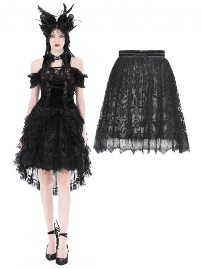Dark in Love Black Gothic Floral Pattern Lace Trimmed Doll Skirt