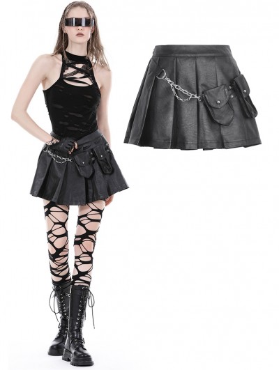 Dark in Love Black Gothic Punk Rock PU Pleated Mini Skirt with Bags