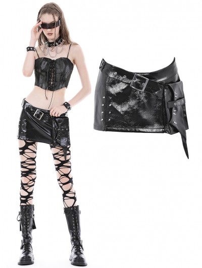 Dark in Love Black Gothic Punk Shiny PU Leather Spiked Rivet Mini Skirt