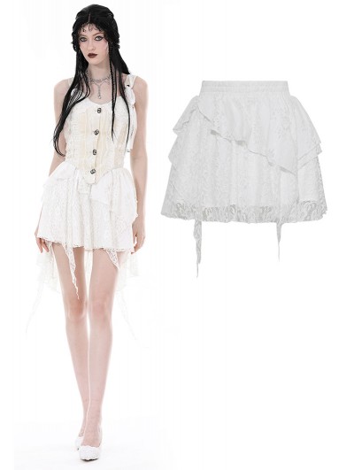 Dark in Love White Sweet Gothic Irregular Floral Lace Ruffle Skirt