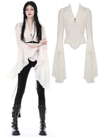 Dark in Love Ivory Steampunk Gothic Elegant Long Trumpet Sleeves Shirt for Women