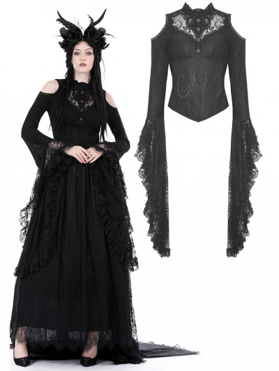 Dark in Love Black Vintage Gothic Lace Trumpet Sleeves Sexy Shouler Shirt for Women