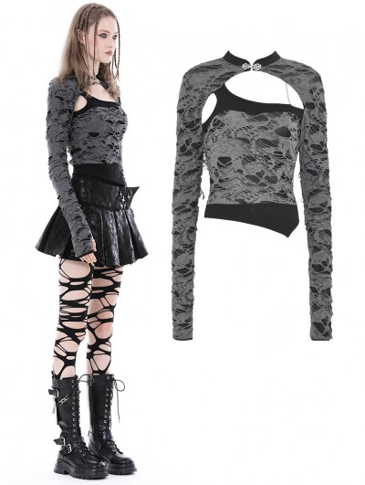 Dark in Love Grey and Black Gothic Punk Shredded Asymmetric Top for Women