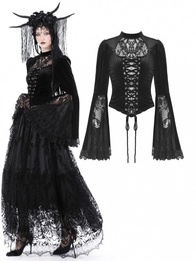 Dark in Love Black Vintage Gothic Lace Bell Sleeve Hollow Out Sexy Velvet Top for Women