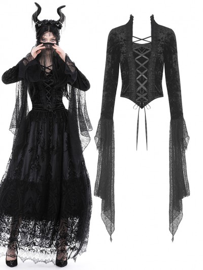 Dark in Love Black Vintage Gothic Lace Up Trumpet Sleeves Velvet Top for Women